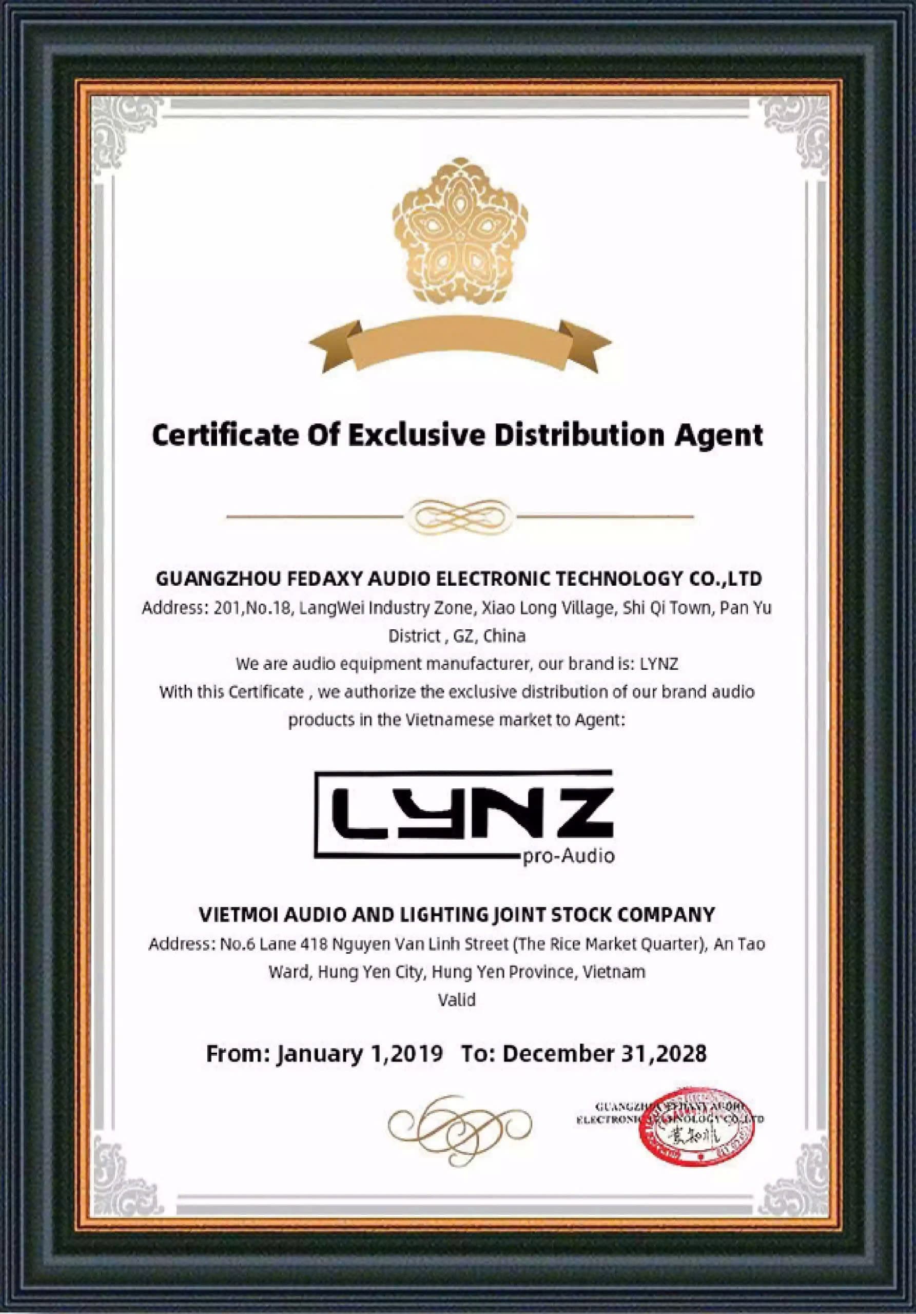 Chứng nhận đại lý chính thức LYNZ